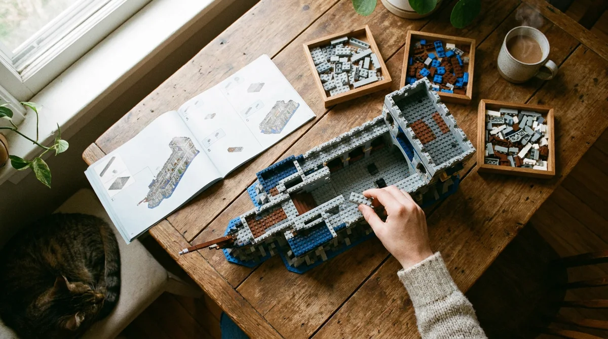 A person building a large brick model from an instruction manual on a wooden table