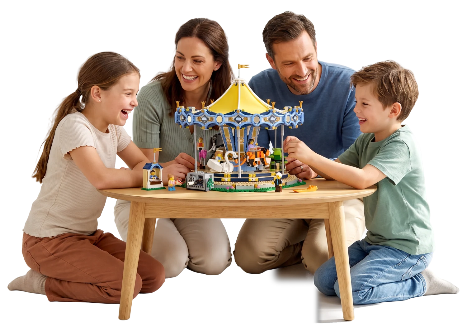 A family of four building a large carousel set together