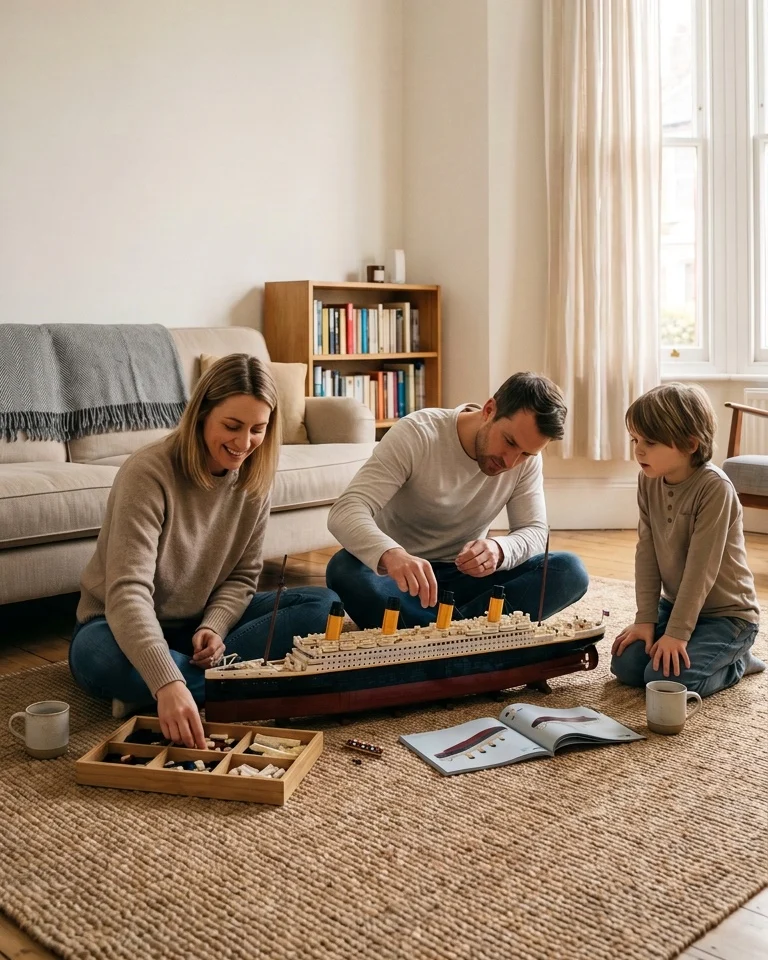 A family building a large brick ship together on the living room rug